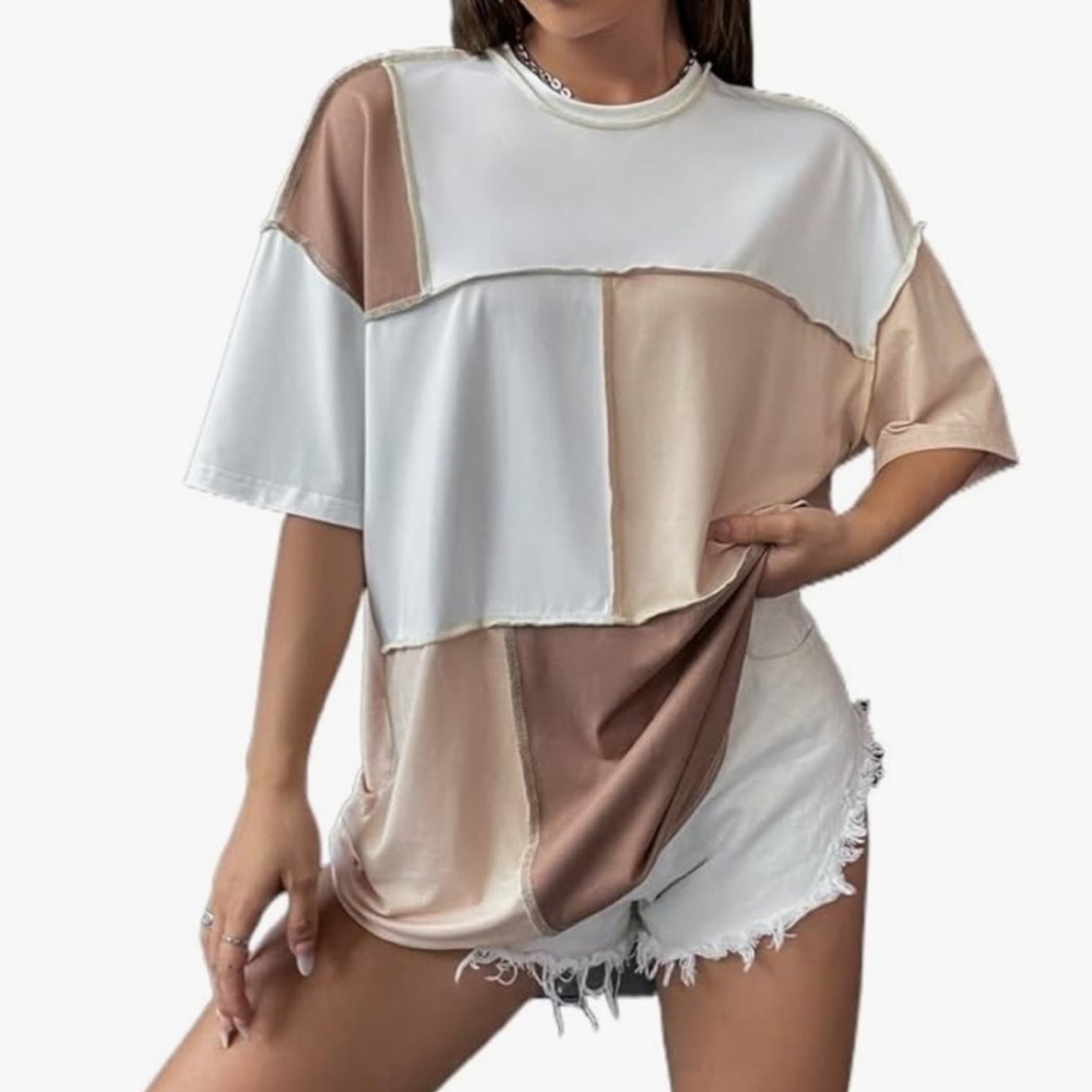 Multi Color Block Reverse Stitched Oversized Baggy Short Sleeve Shirt